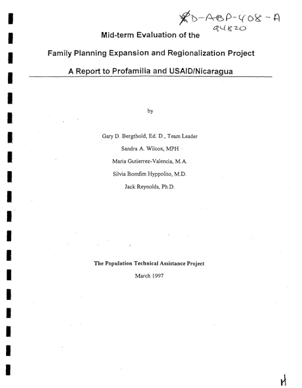 Mid-term evaluation of the family planning expansion and regionalization project : a report to Profamilia and USAID/Nicaragua