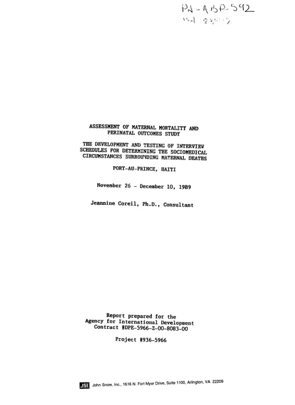 Assessment of maternal mortality and perinatal outcomes study : the development and testing of interview schedules for determining the sociomedical circumstances surrounding maternal deaths -- Port - au - Prince, Haiti, November 26-December 10, 1989