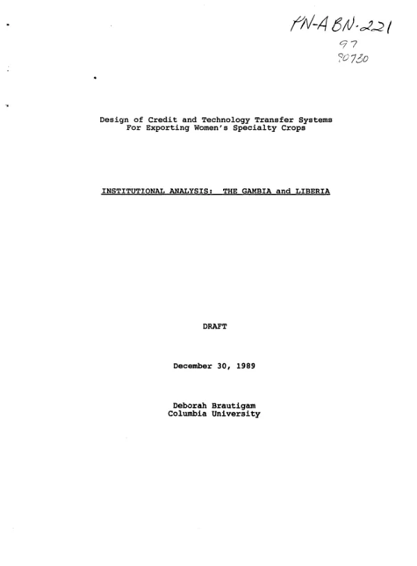 Design of credit and technology transfer systems for exporting women"s specialty crops -- institutional analysis : The Gambia and Liberia
