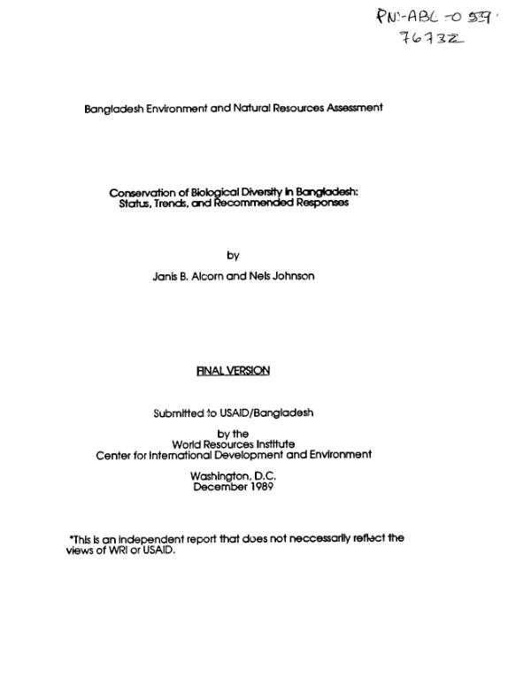 Bangladesh environment and natural resources assessment : conservation of biological diversity in Bangladesh -- status, trends, and recommended responses