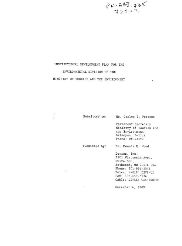 Institutional development plan for the Environmental Division of the Ministry of Tourism and the Environment