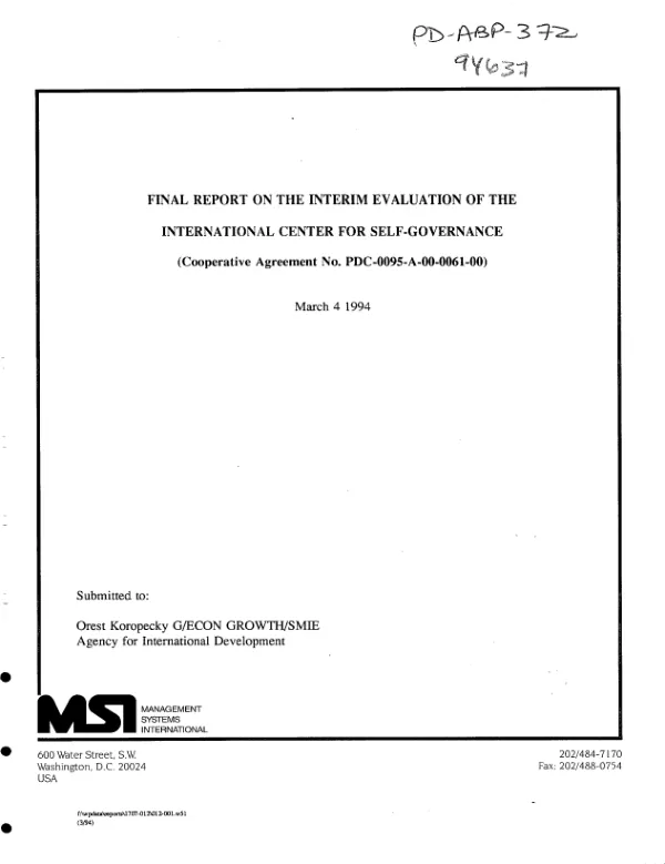 Final report on the interim evaluation of the International Center for Self-Governance (cooperative agreement no. PDC-0095-A-00-0061-00)
