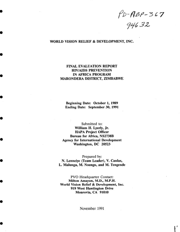 Final evaluation report : HIV/AIDS prevention in Africa program [HAPA], Marondera District, Zimbabwe