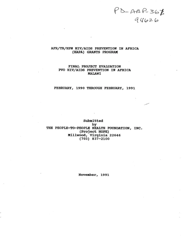 Final project evaluation : PVO HIV/AIDS prevention in Africa (HAPA) -- Malawi