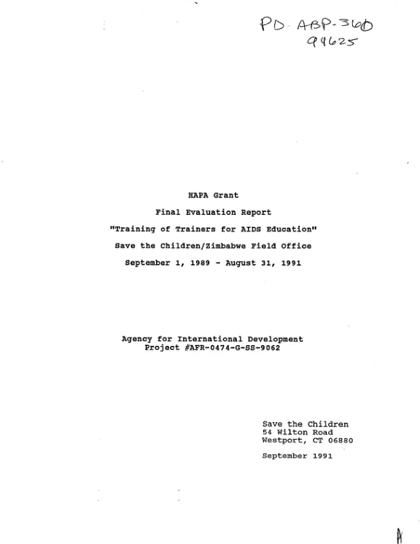 HAPA [HIV/AIDS prevention in Africa] grant : final evaluation report -- 'training of trainers for AIDS education' : Save the Children/Zimbabwe Field Office, September 1, 1989-August 31, 1991