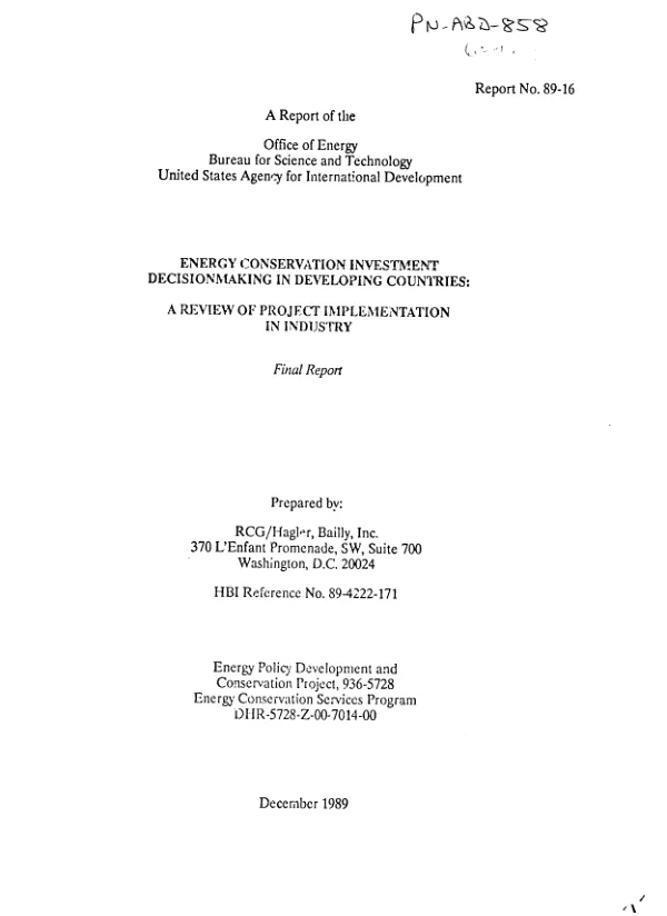Energy conservation investment, decisionmaking in developing countries : a review of project implementation in industry -- final report