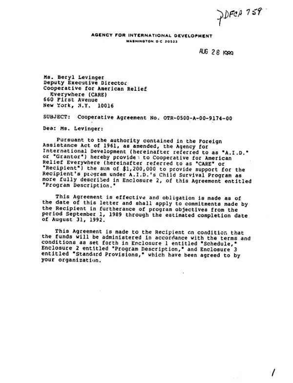 AID cooperative agreement no. OTR-0500-A-00-9174-00 with Cooperative for American Relief Everywhere (CARE) for a new child survival project in Guatemala and expansion of the child survival project in Sudan