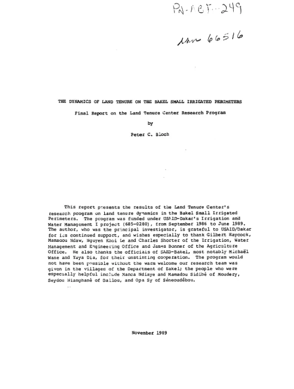 Dynamics of land tenure on the Bakel small irrigated perimeters : final report on the Land Tenure Center research program