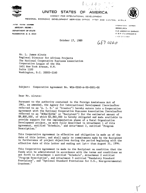 AID cooperative agreement no. WCA-0260-A-00-0001-00 with the National Cooperative Business Association, Cooperative League of the USA to implement a rural organization development project