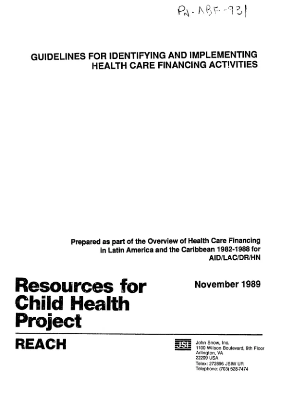 Guidelines for identifying and implementing health care financing activities