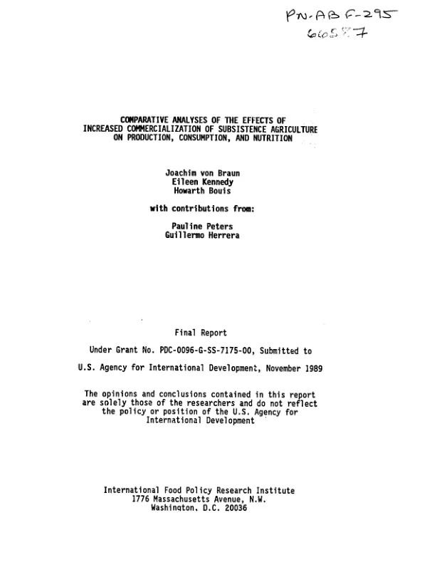 Comparative analyses of the effects of increased commercialization of subsistence agriculture on production, consumption and nutrition