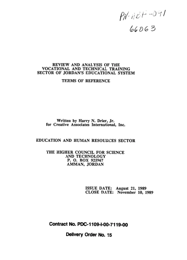 Review and analysis of the vocational and technical training sector of Jordan"s educational system : terms of reference