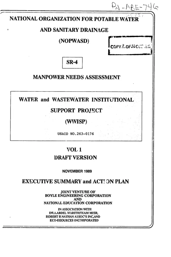 Manpower needs assessment : water and wastewater institutional support project (WWISP)