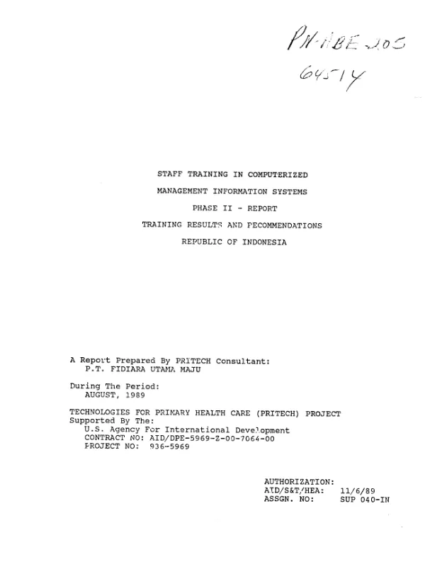Staff training in computerized management information systems phase II - report training results and recommendations, Republic of Indonesia