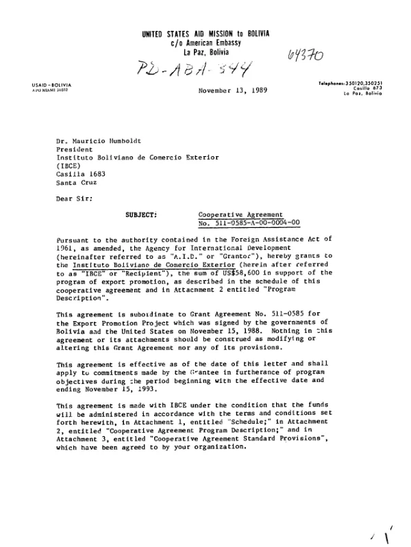 AID cooperative agreement no. 511-0585-A-00-0004-00 to Instituto Boliviano de Comercio Exterior to support an export promotion program