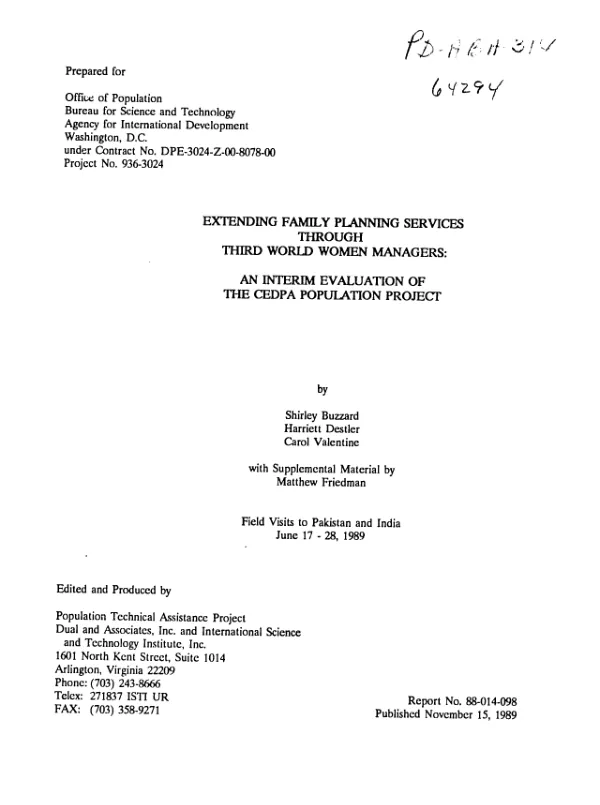 Extending family planning services through Third World women managers : an interim evaluation of the CEDPA population project