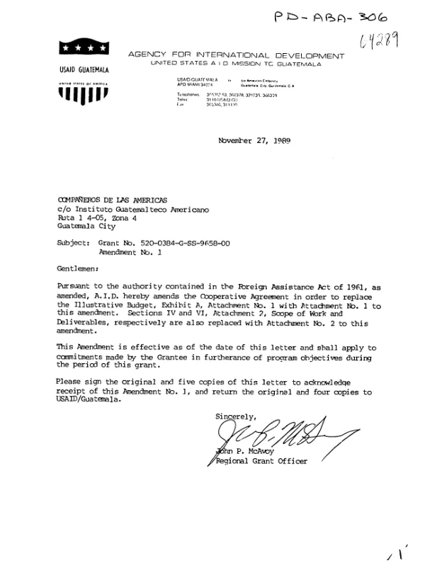 AID grant agreement no. 520-0384-G-SS-9658-00 (amendment no. 1) to Companeros de las Americas for environmental education in Guatemala