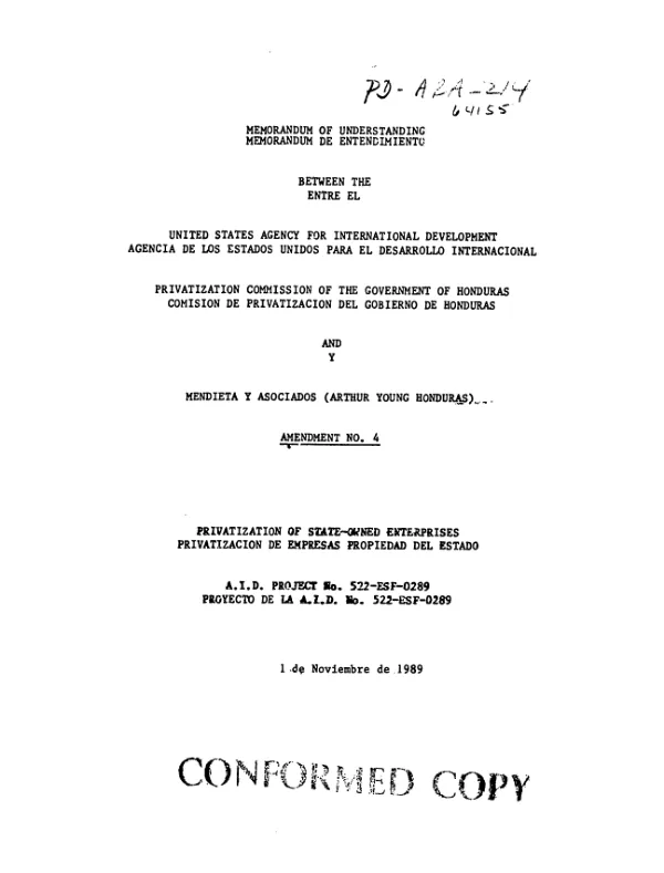 Memorandum of understanding between AID, Privatization Commission of the Government of Honduras, and Arthur Young Honduras : Amendment no 4 -- privatization of state-owned enterprises