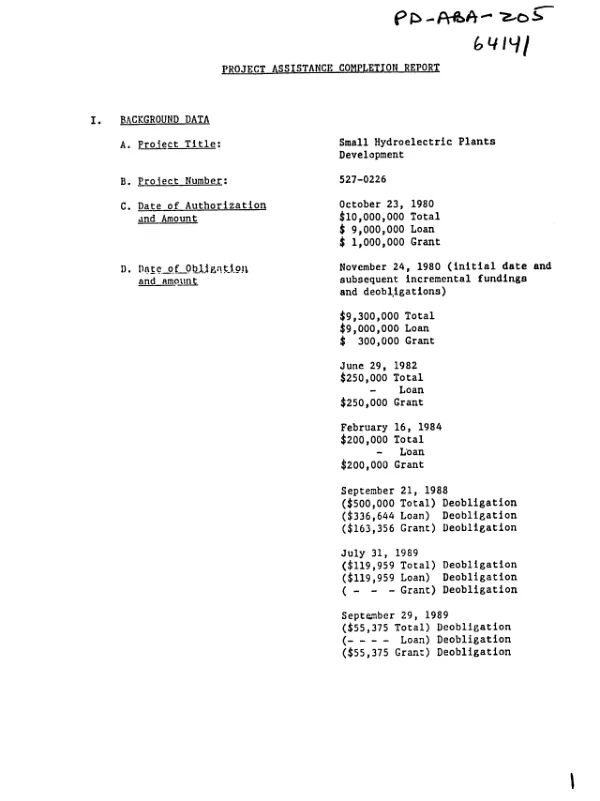 Project assistance completion report [: small hydroelectric plants development]