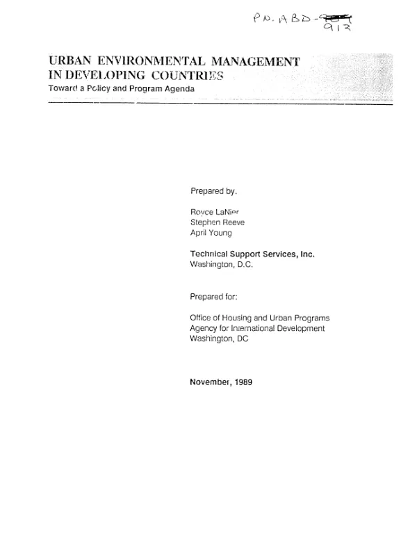 Urban environmental management in developing countries : toward a policy and program agenda