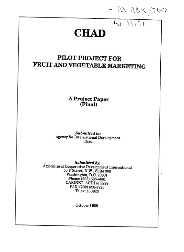 Chad -- pilot project for fruit and vegetable marketing : a project paper (final)