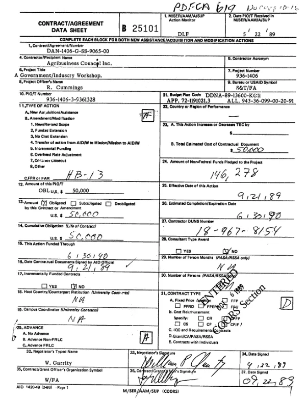 AID specific support grant no. DAN-1406-G-SS-9065-00 to the Agribusiness Council, Inc. in support of a government/industry workshop on the agro-industrial revolution - a new relationship with petrochemicals