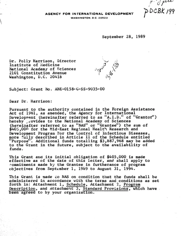 AID grant no. ANE-0158-G-SS-9035-00 to the Institute of Medicine, National Academy of Sciences for the Mid-East regional health research and development program for the control of infectious diseases