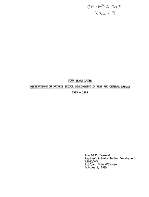 Four years later : observations on private sector development in West and Central Africa, 1985-1989