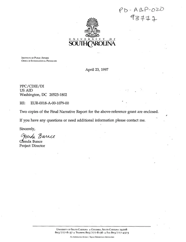 Local government and public administration (Bulgaria), SPO/EE-91-008 : Institute of Public Affairs, University of South Carolina -- final report (September 16, 1991 - January 31, 1997)