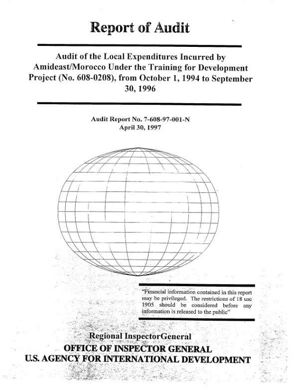 Audit of the local expenditures incurred by AMIDEAST/Morocco under the training for development project (no. 608-0208) from October 1, 1994 to September 30, 1996