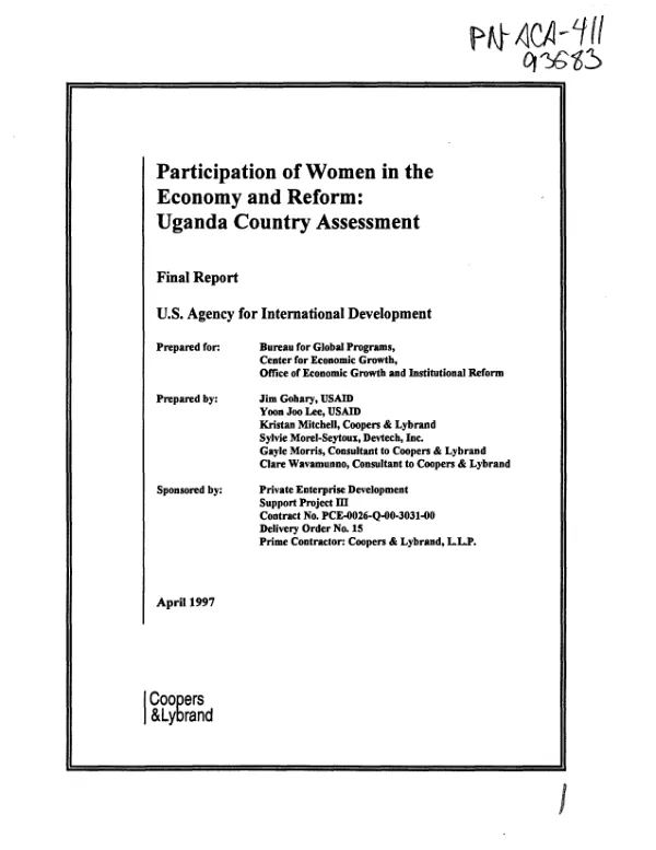 Participation of women in the economy and reform : Uganda country assessment -- final report