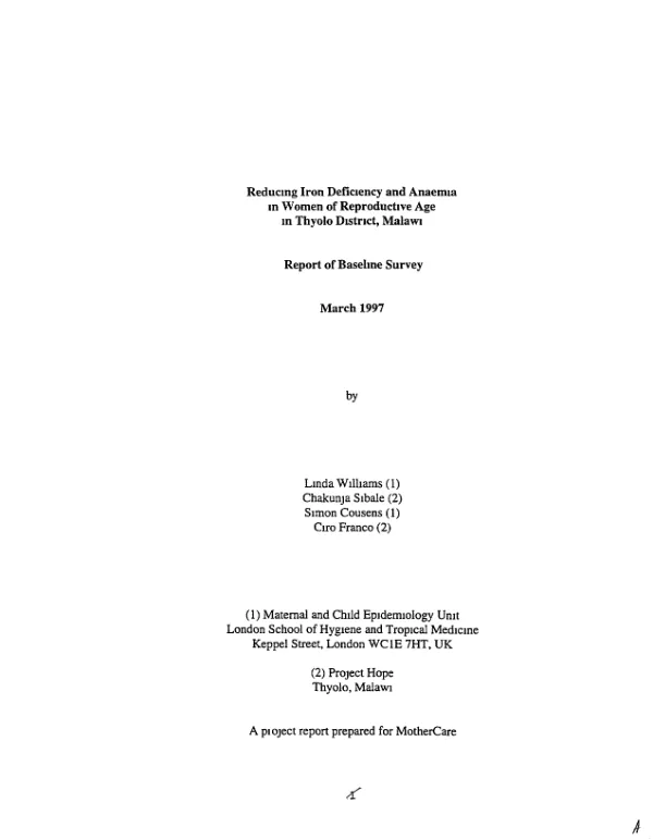 Reducing iron deficiency and anaemia in women of reproductive age in Thyolo district, Malawi : report of baseline survey