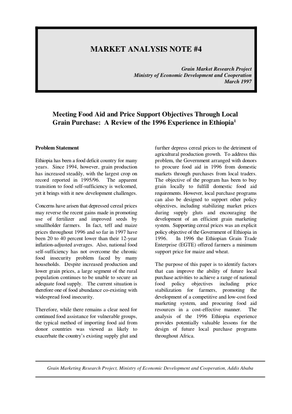 Meeting food aid and price support objectives through local grain purchase : a review of the 1996 experience in Ethiopia