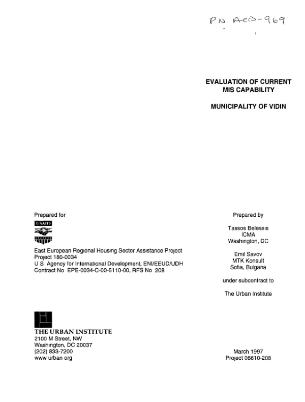 Evaluation of current MIS [management information systems] capability : municipality of Vidin[, Bulgaria]