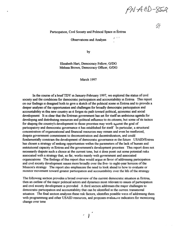 Participation, civil society and political space in Eritrea : observations and analysis