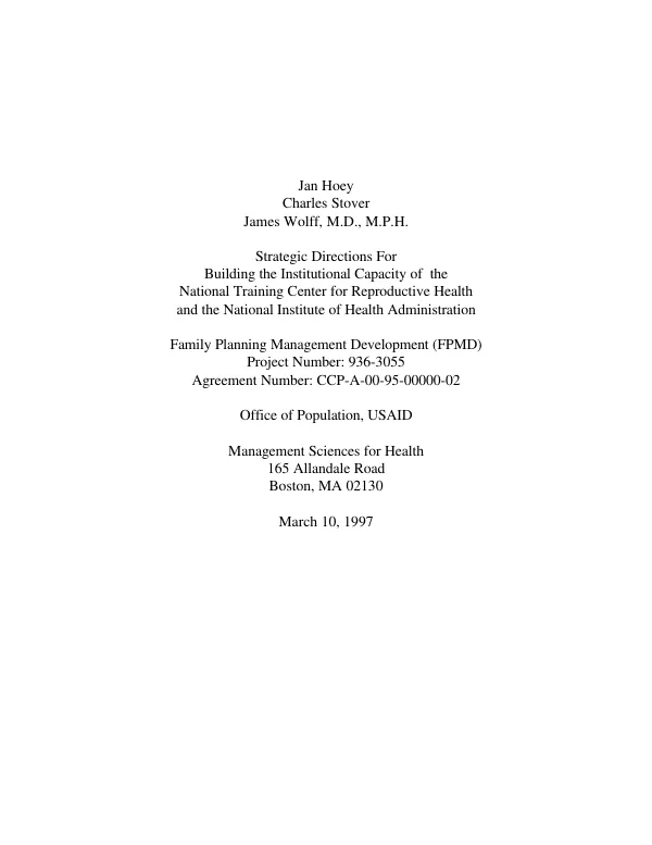 Strategic directions for building the institutional capacity of the National Training Center for Reproductive Health and the National Institute of Health Administration [Morocco]