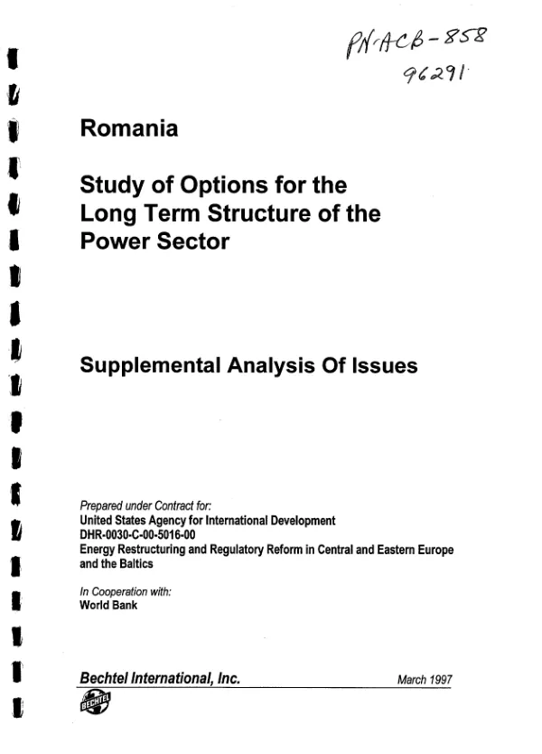 Romania : study of options for the long term structure of the power sector -- supplemental analysis of issues