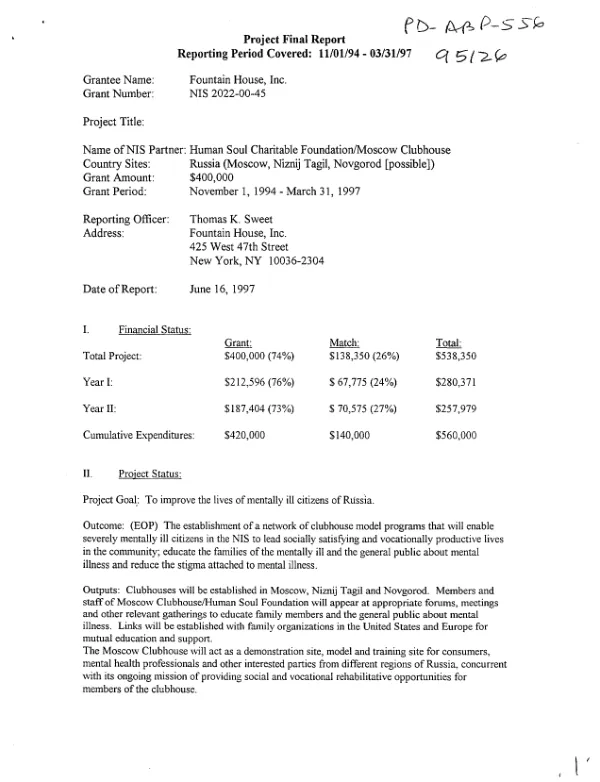 Project final report : 11/01/94-03/31/97 -- Fountain House, Inc. : grant no. NIS-2002-00-45
