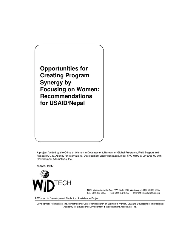 Opportunities for creating program synergy by focusing on women : recommendations for USAID/Nepal