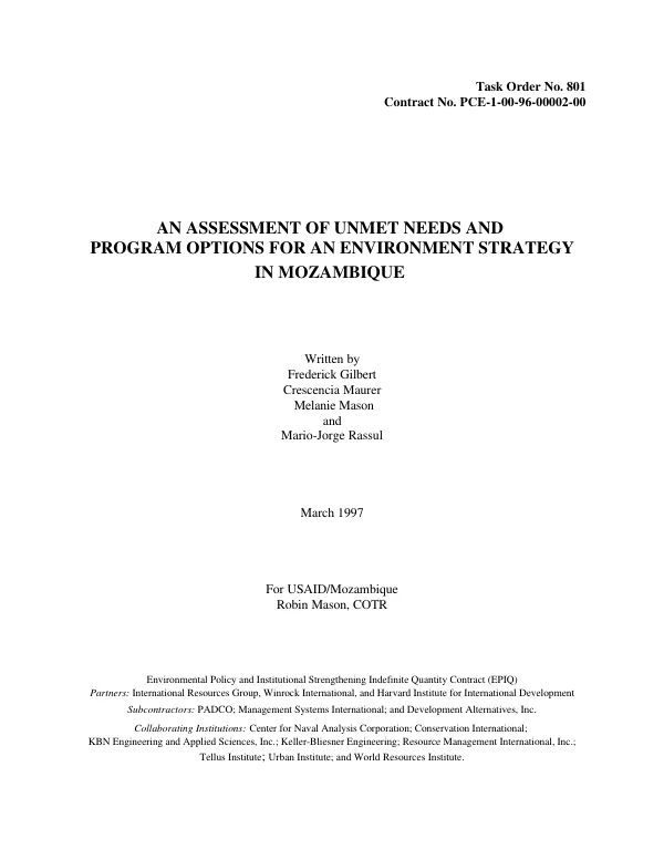 Assessment of unmet needs and program options for an environment strategy in Mozambique