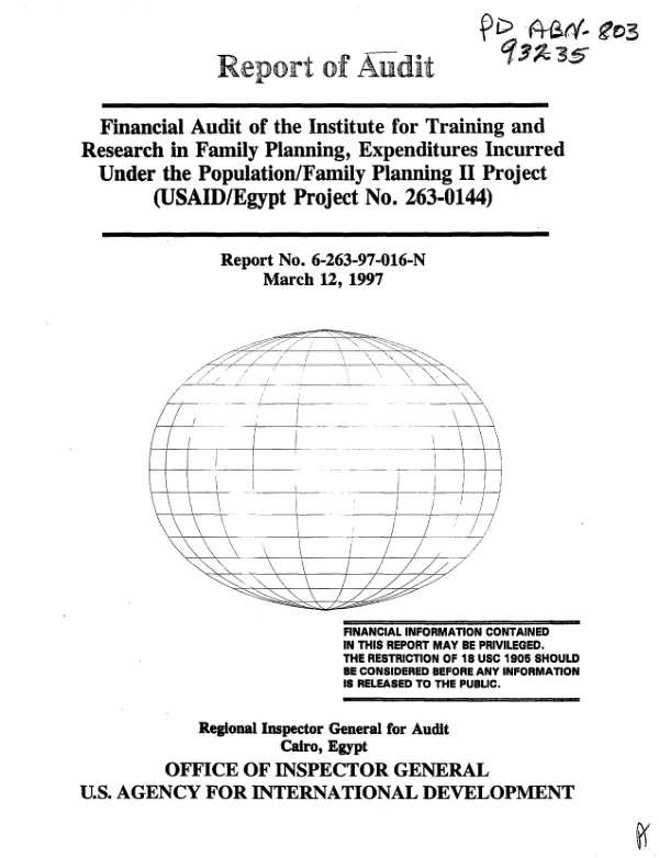 Financial audit of the Institute for Training and Research in Family Planning, expenditures incurred under the population/family planning II project (USAID/Egypt project no. 263-0144)