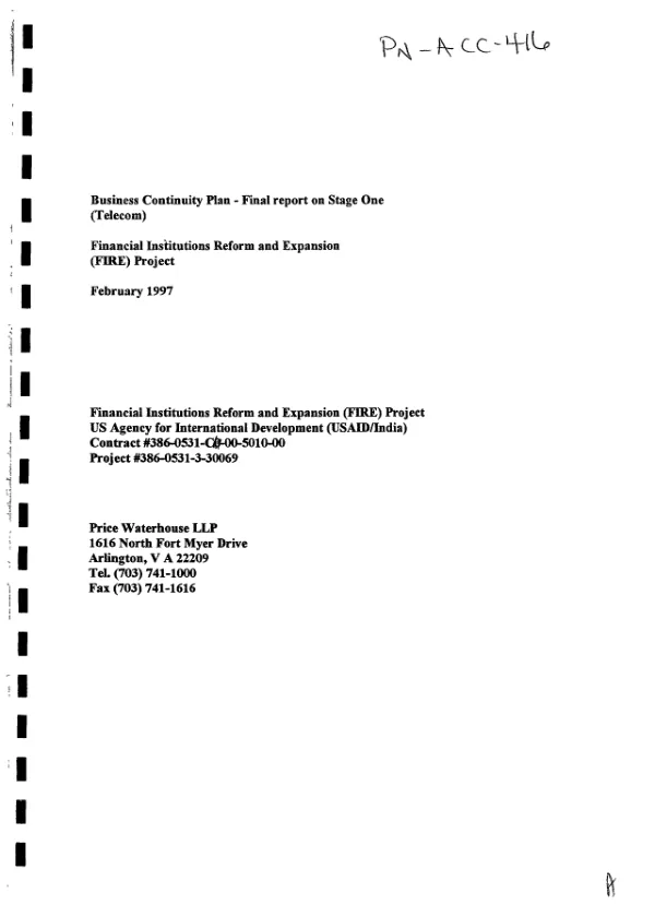 Business continuity plan -- final report on stage one (telecom) [telecommunications]