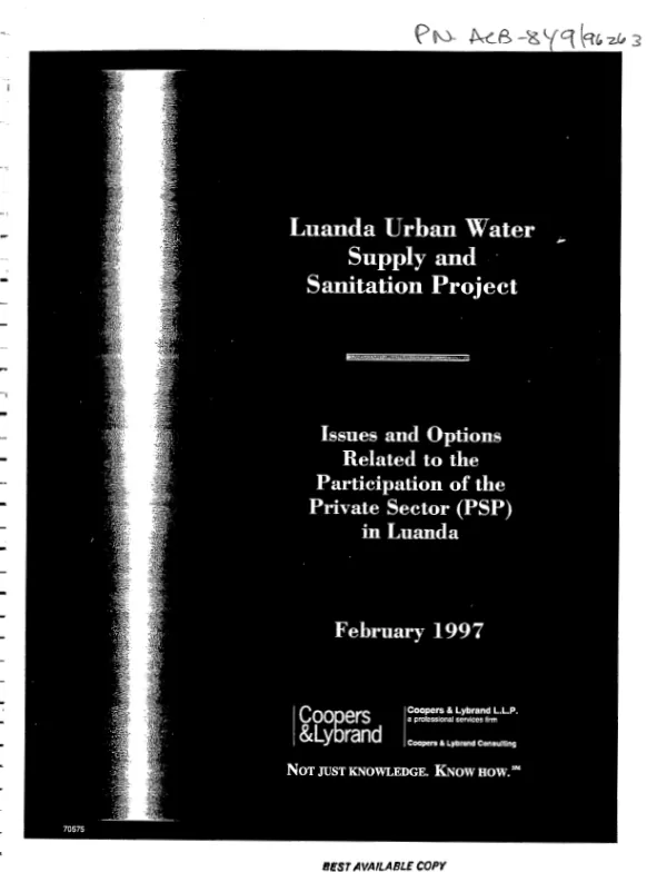 Luanda urban water supply and sanitation project : issues and options related to the participation of the private sector (PSP) in Luanda