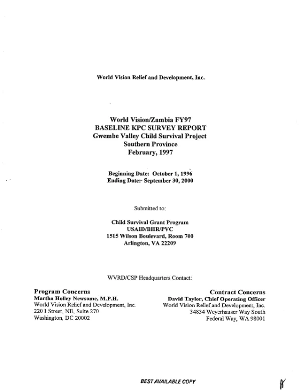 World Vision/Zambia FY97 : baseline KPC [knowledge, practice, and coverage] survey report -- Gwembe Valley child survival project -- Southern Province