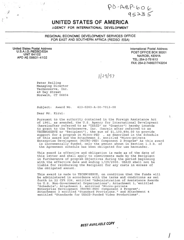USAID award no. 623-0263-A-00-7013-00 to Technoserve, Inc. to provide support for a program in micro-PED [private enterprise development]