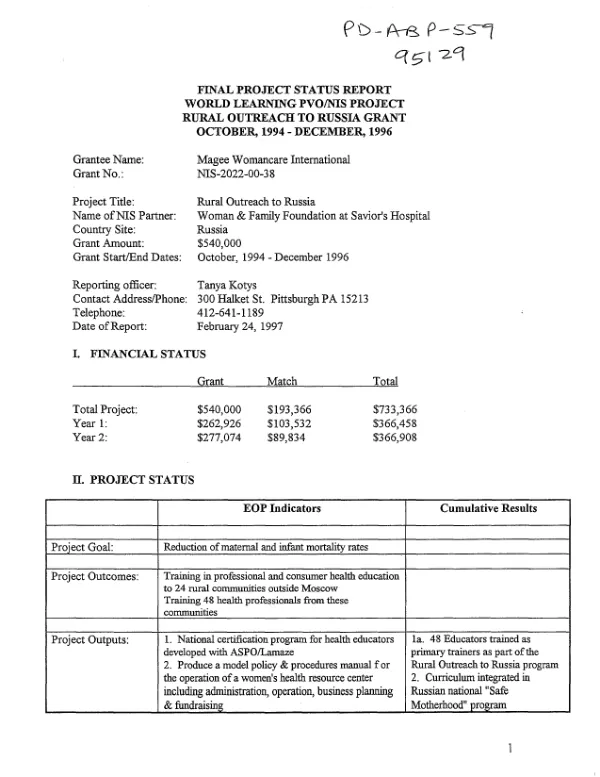 Final project status report : World Learning PVO/NIS project -- rural outreach to Russia grant, October 1994-December 1996 : Magee Womancare International