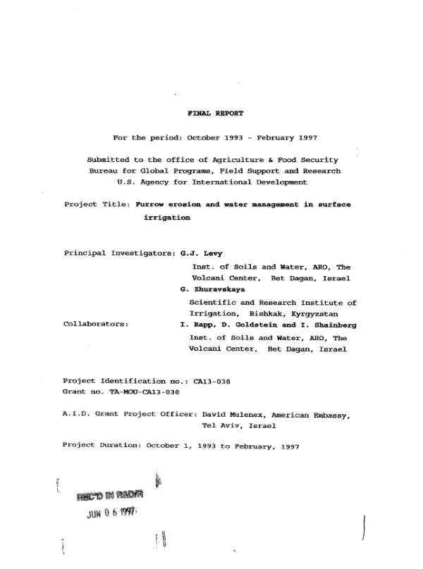 Final report for the period October 1993-February 1997 : furrow erosion and water management in surface irrigation