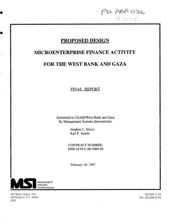 Proposed design : microenterprise finance activity for the West Bank and Gaza -- final report