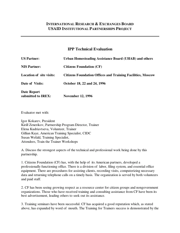 IPP [institutional partnership project] technical evaluation [report of the partnership between the Urban Homesteading Assistance Board (UHAB) and the Citizens Foundation (CF)]