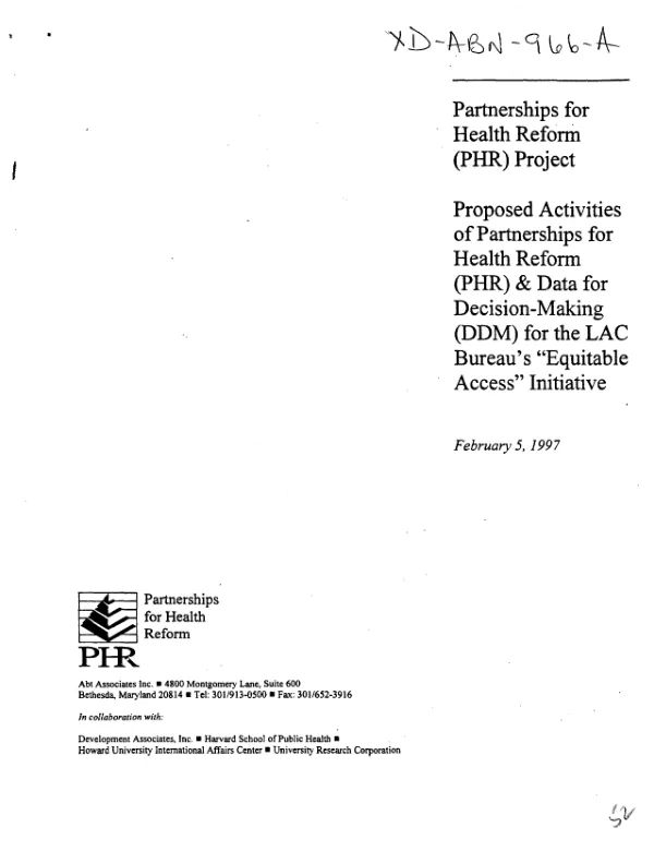 Partnerships for health reform (PHR) project : proposed activities of Partnerships for health reform (PHR) and Data for decision-making (DDM) for the LAC Bureau"s "equitable access" initiative